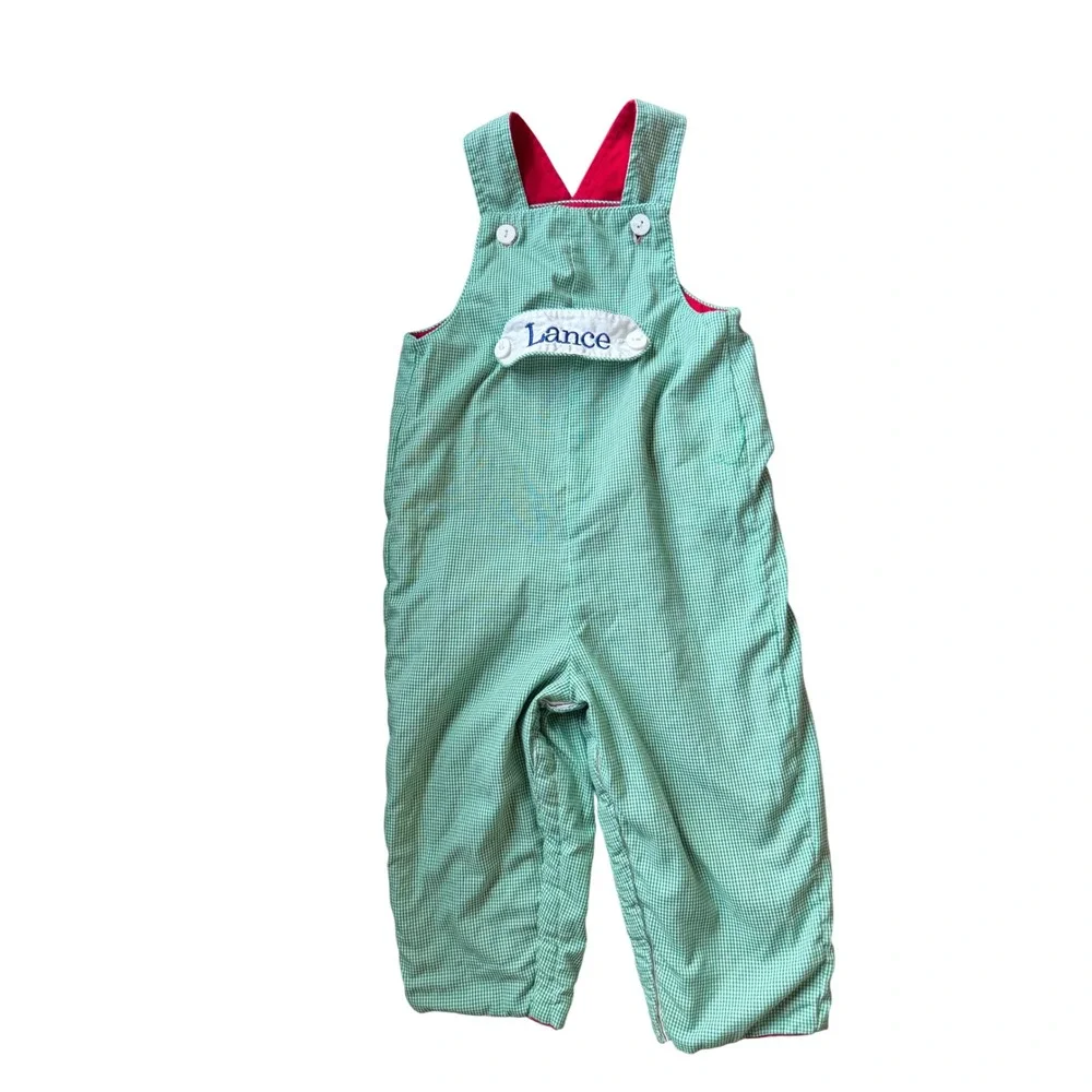 Anavini Red Corduroy Christmas Tree Car Reversible Overalls Green Gingham 24M